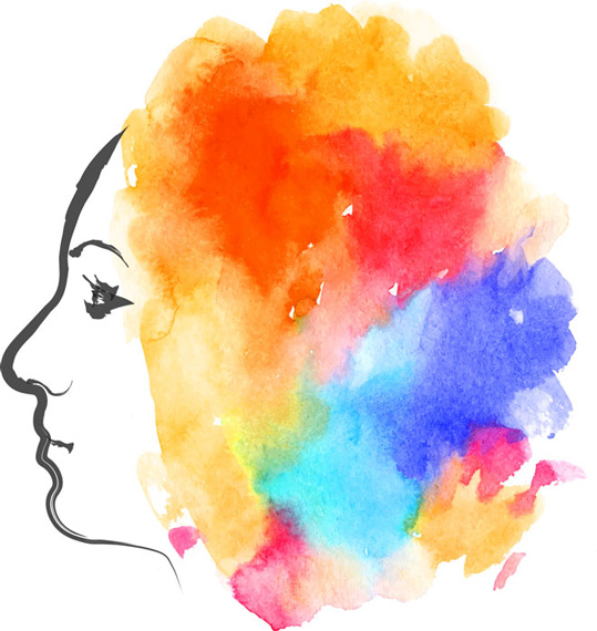 نقاشی سلف پرتره از نیم‌رخ نیکا ربانی، با موهای رنگارنگ بر سر